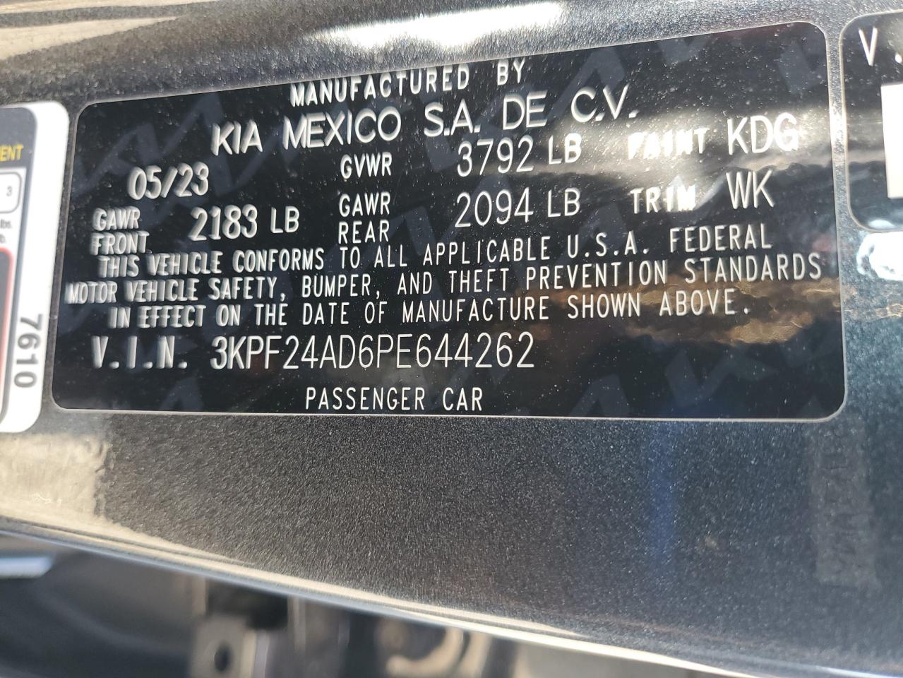 2023 Kia Forte Lx VIN: 3KPF24AD6PE644262 Lot: 55685535