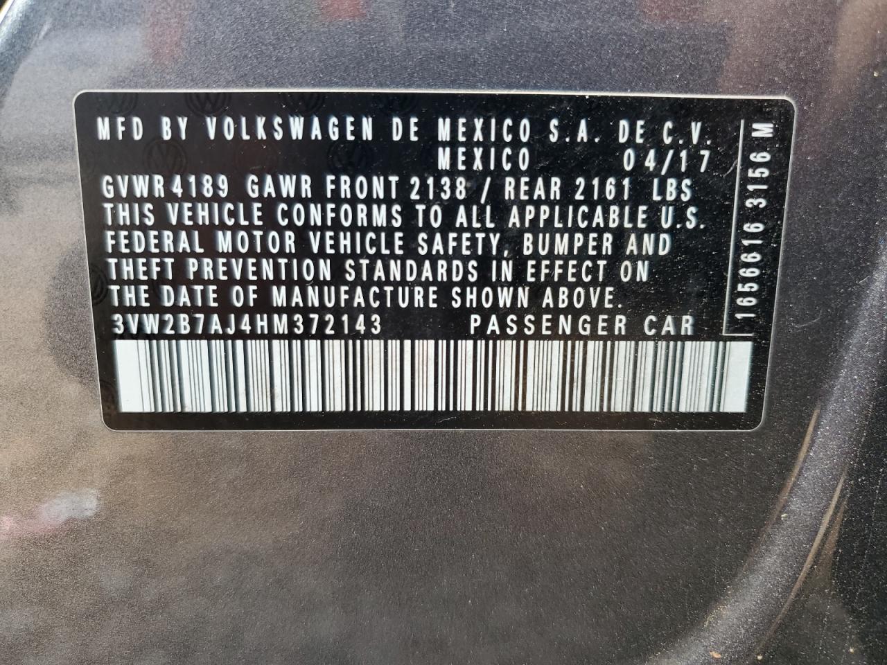 2017 Volkswagen Jetta S VIN: 3VW2B7AJ4HM372143 Lot: 56819685