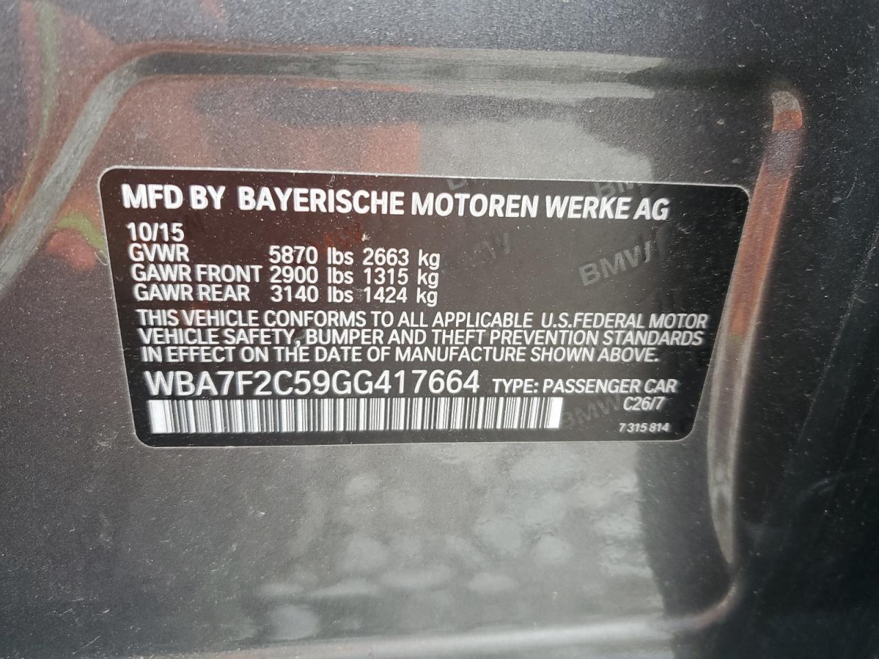 2016 BMW 750 Xi VIN: WBA7F2C59GG417664 Lot: 58009955