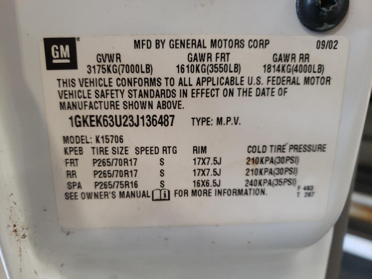 2003 GMC Yukon Denali VIN: 1GKEK63U23J136487 Lot: 57974035
