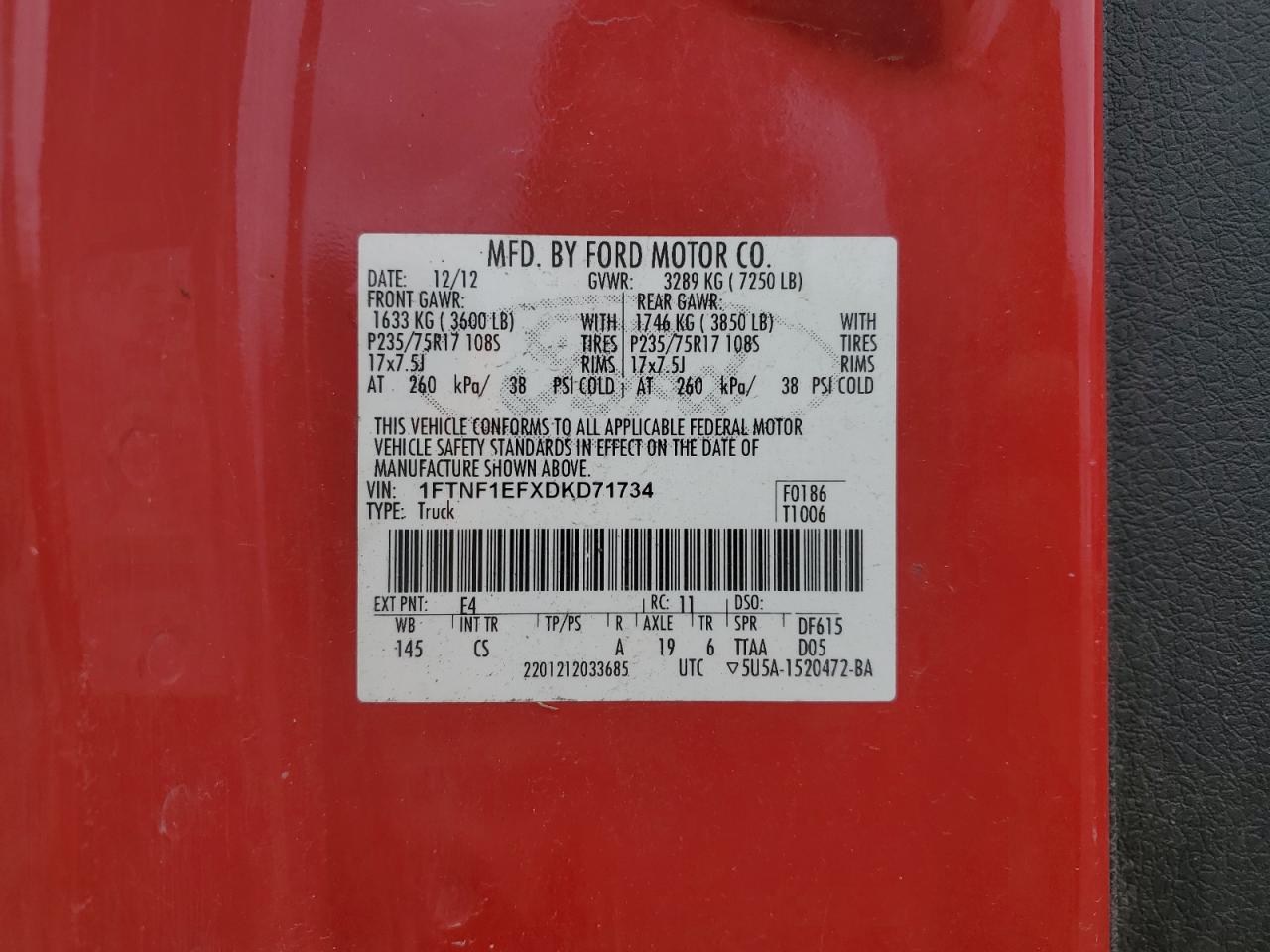 2013 Ford F150 VIN: 1FTNF1EFXDKD71734 Lot: 57950505