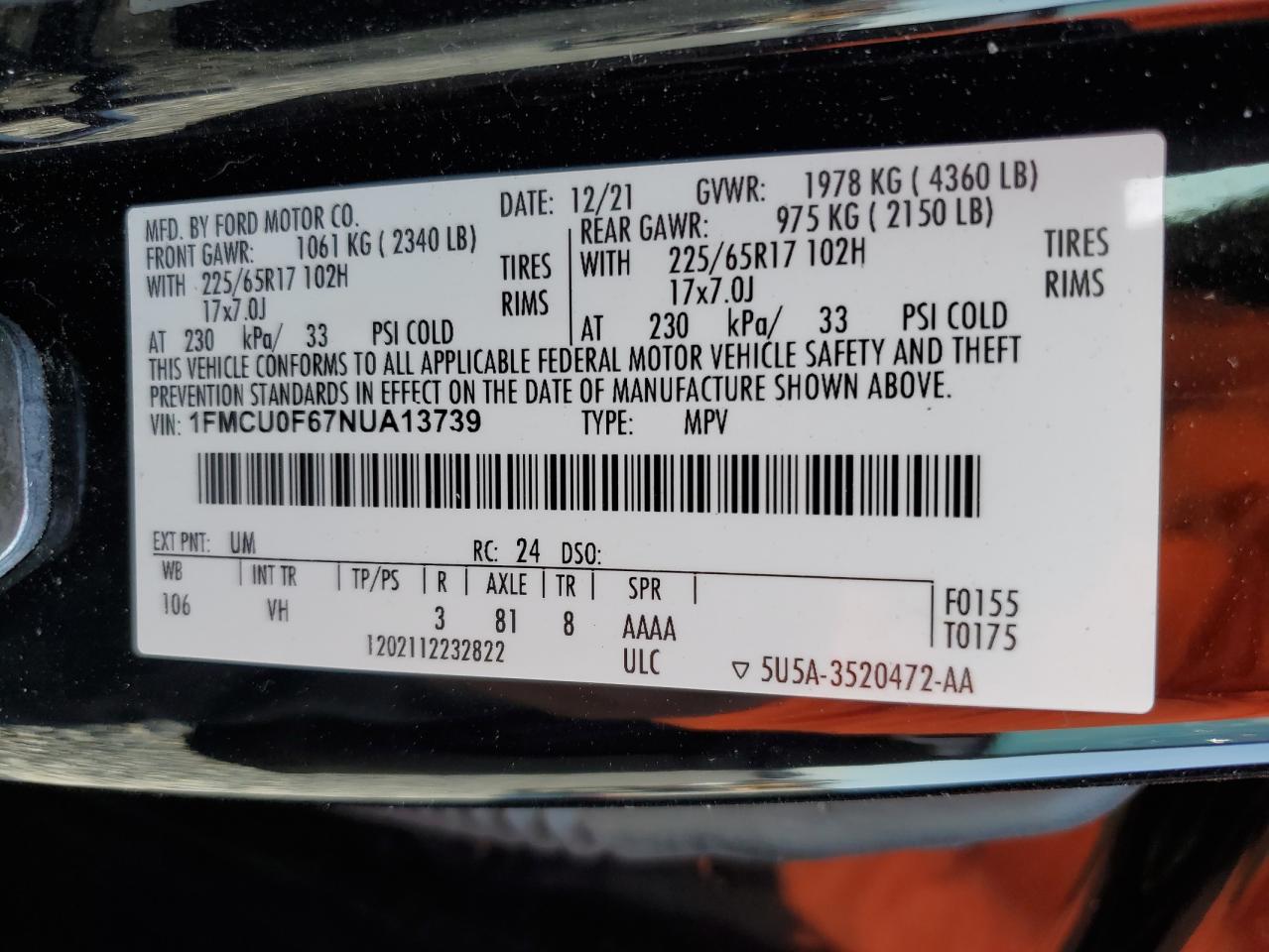 1FMCU0F67NUA13739 FORD ESCAPE 2022