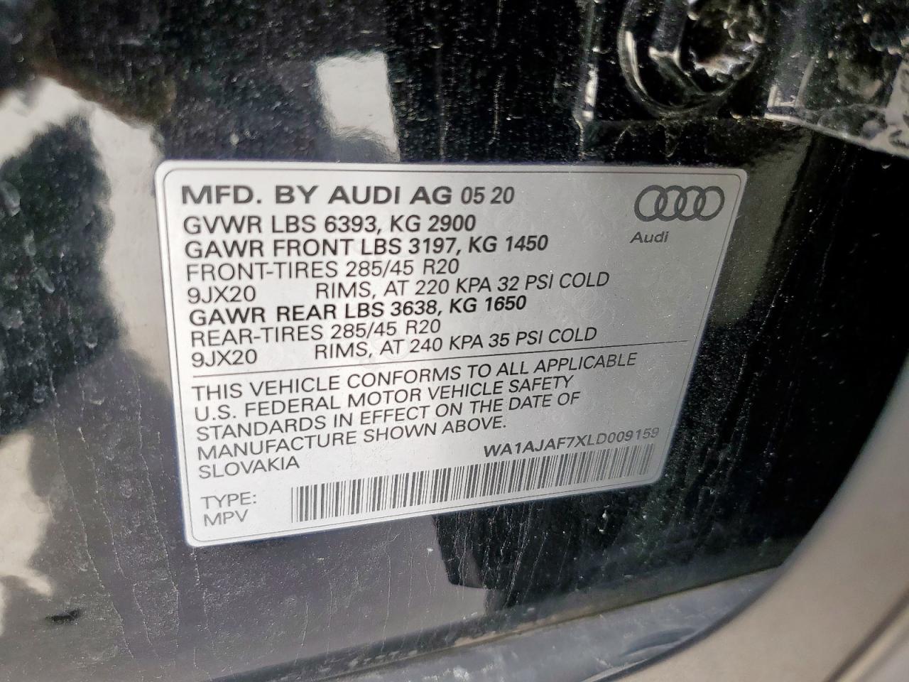 2020 Audi Q7 Premium VIN: WA1AJAF7XLD009159 Lot: 56750535