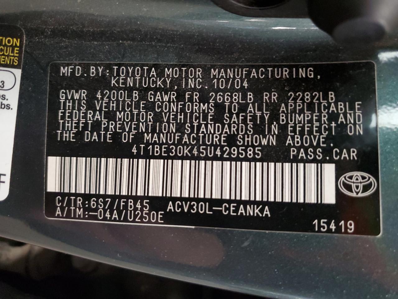 2005 Toyota Camry Le VIN: 4T1BE30K45U429585 Lot: 58056675