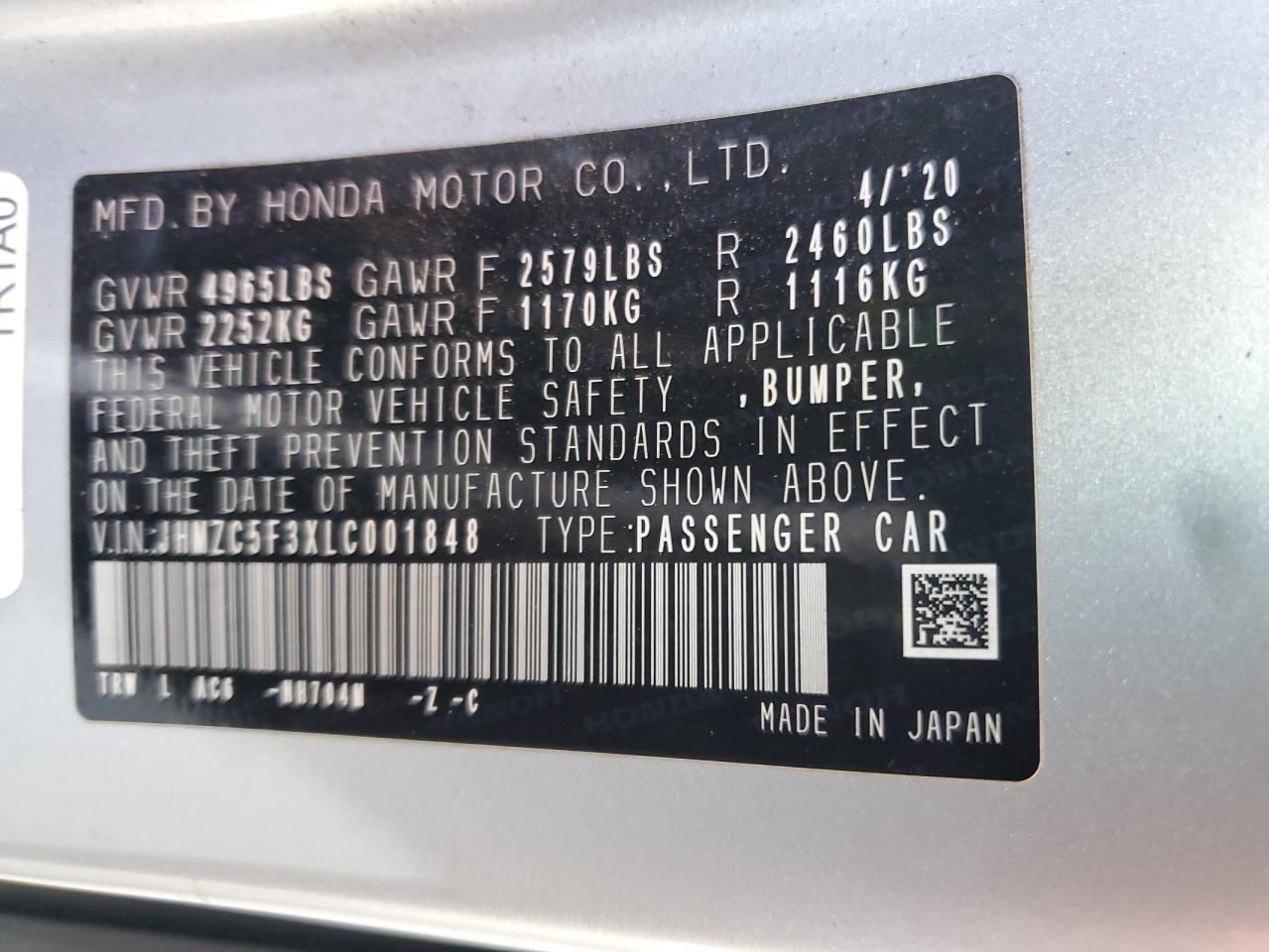 2020 Honda Clarity Touring VIN: JHMZC5F3XLC001848 Lot: 56748915