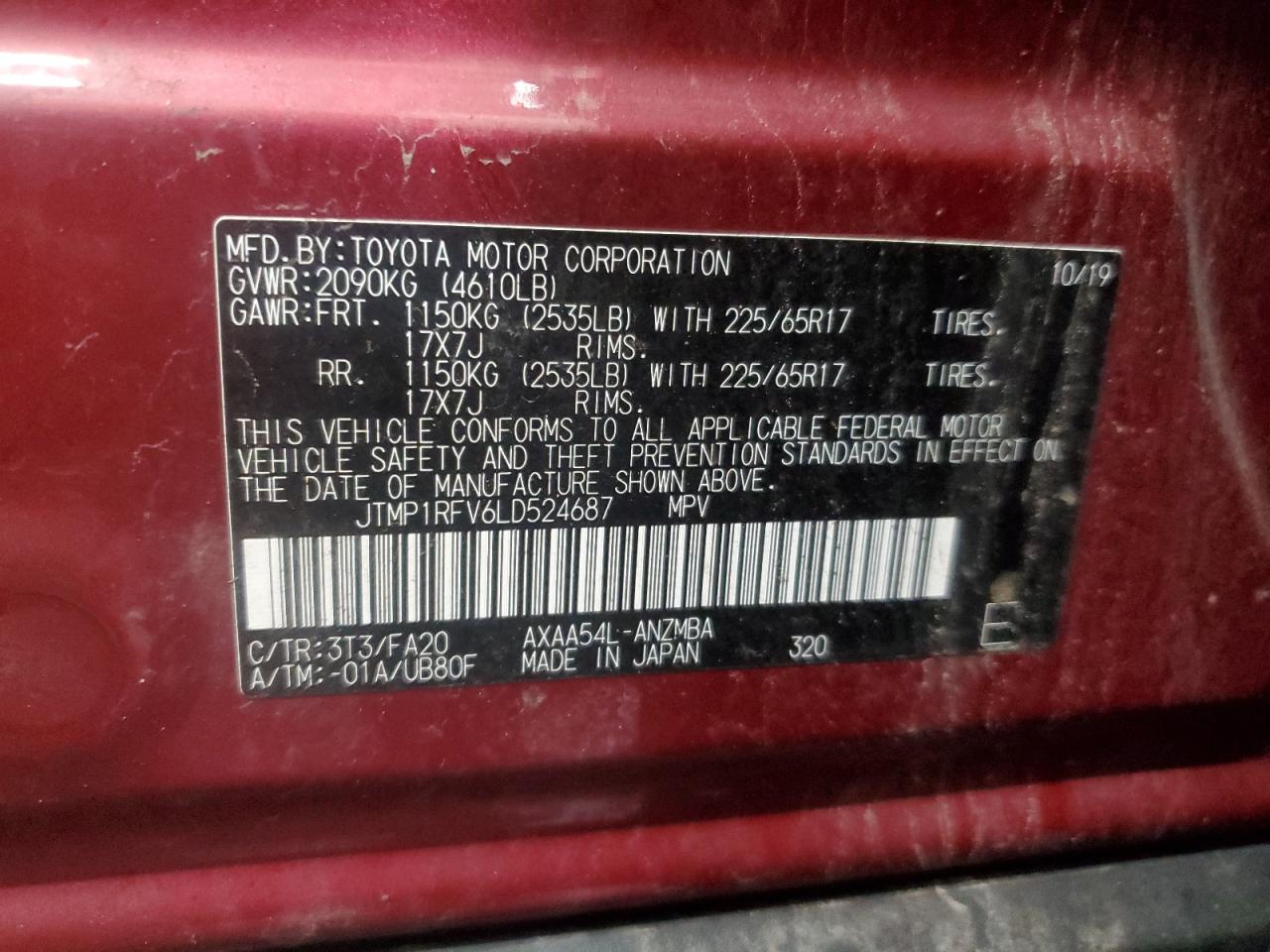 JTMP1RFV6LD524687 TOYOTA RAV4 2020