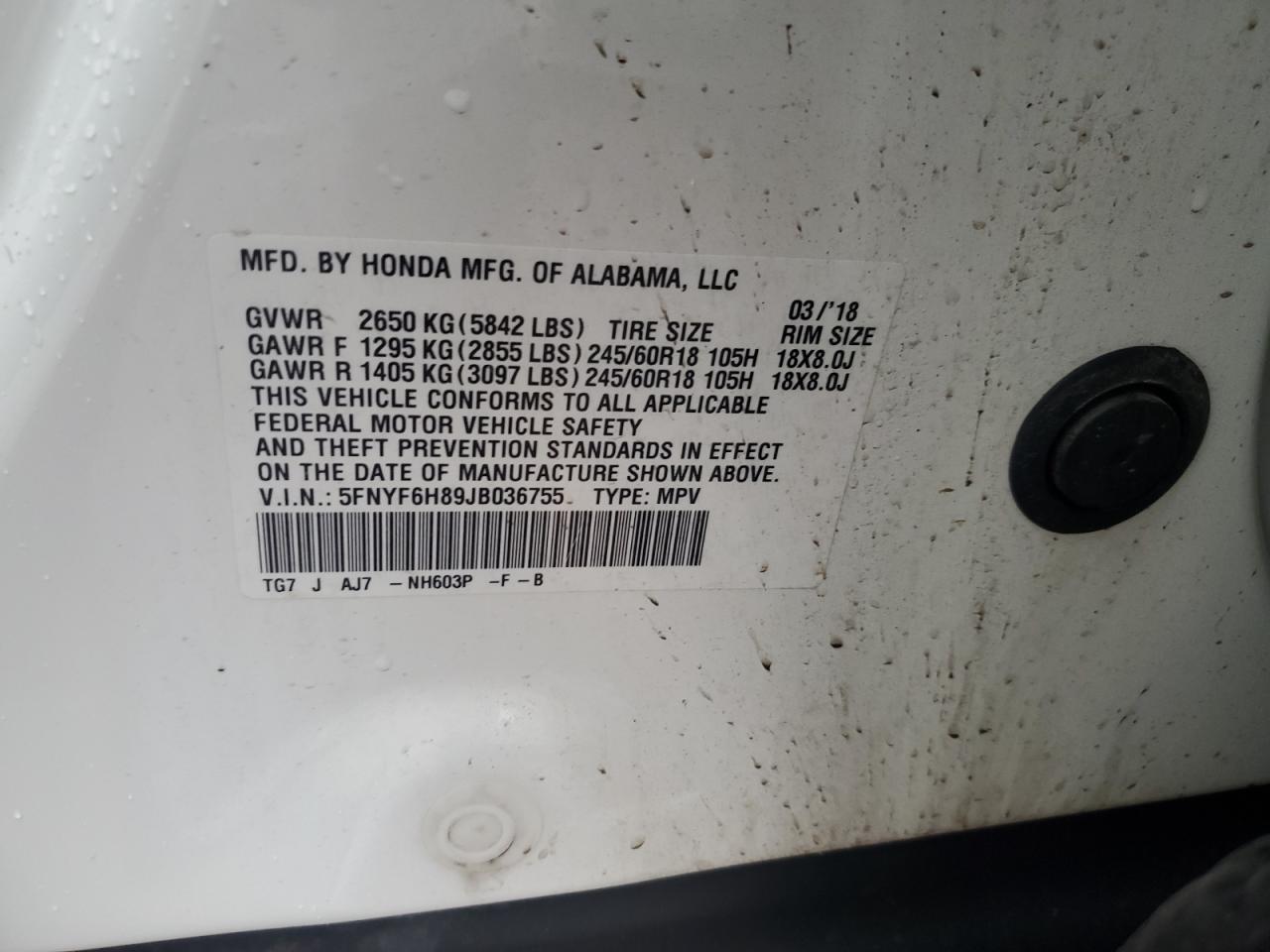 5FNYF6H89JB036755 HONDA PILOT 2018