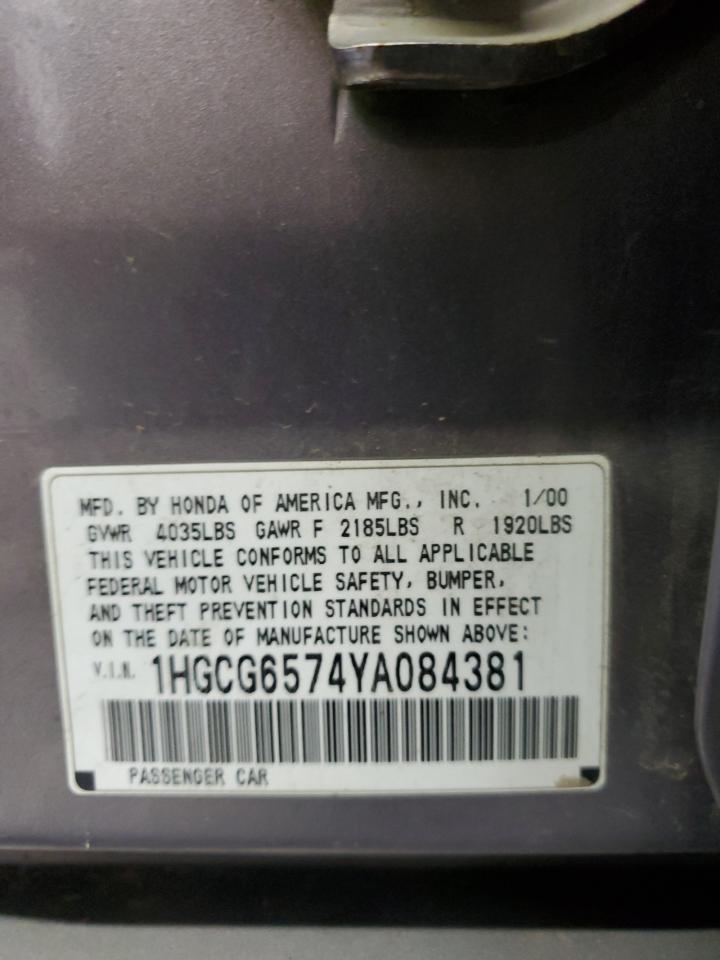 2000 Honda Accord Ex VIN: 1HGCG6574YA084381 Lot: 56219275