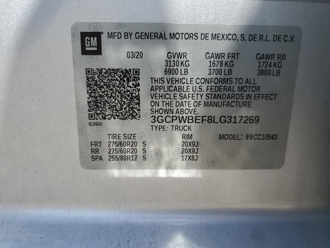3GCPWBEF8LG317269 CHEVROLET ALL Models 2020