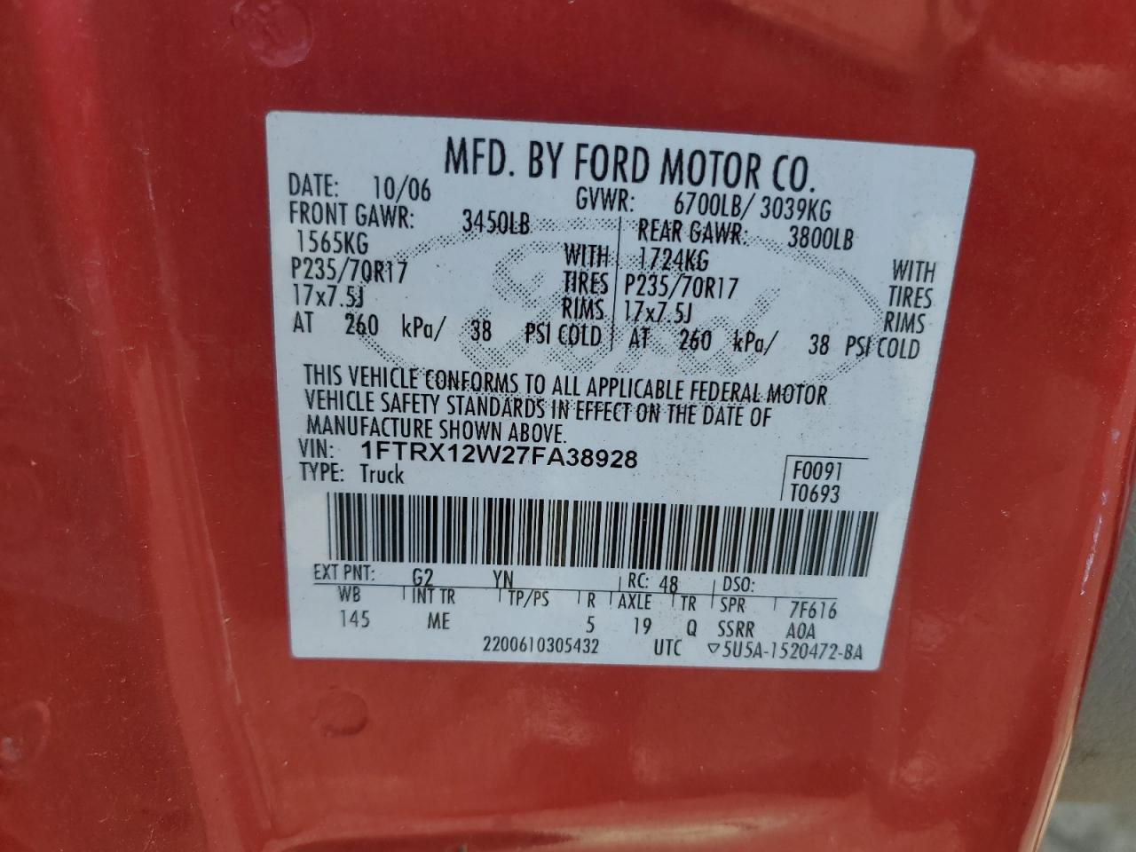 2007 Ford F150 VIN: 1FTRX12W27FA38928 Lot: 56470545