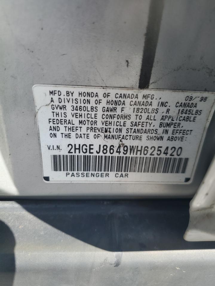 1998 Honda Civic Ex VIN: 2HGEJ8649WH625420 Lot: 55757585