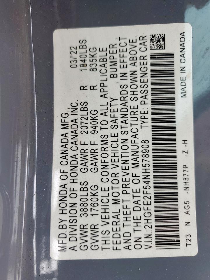 2022 Honda Civic Sport VIN: 2HGFE2F54NH578908 Lot: 57149555