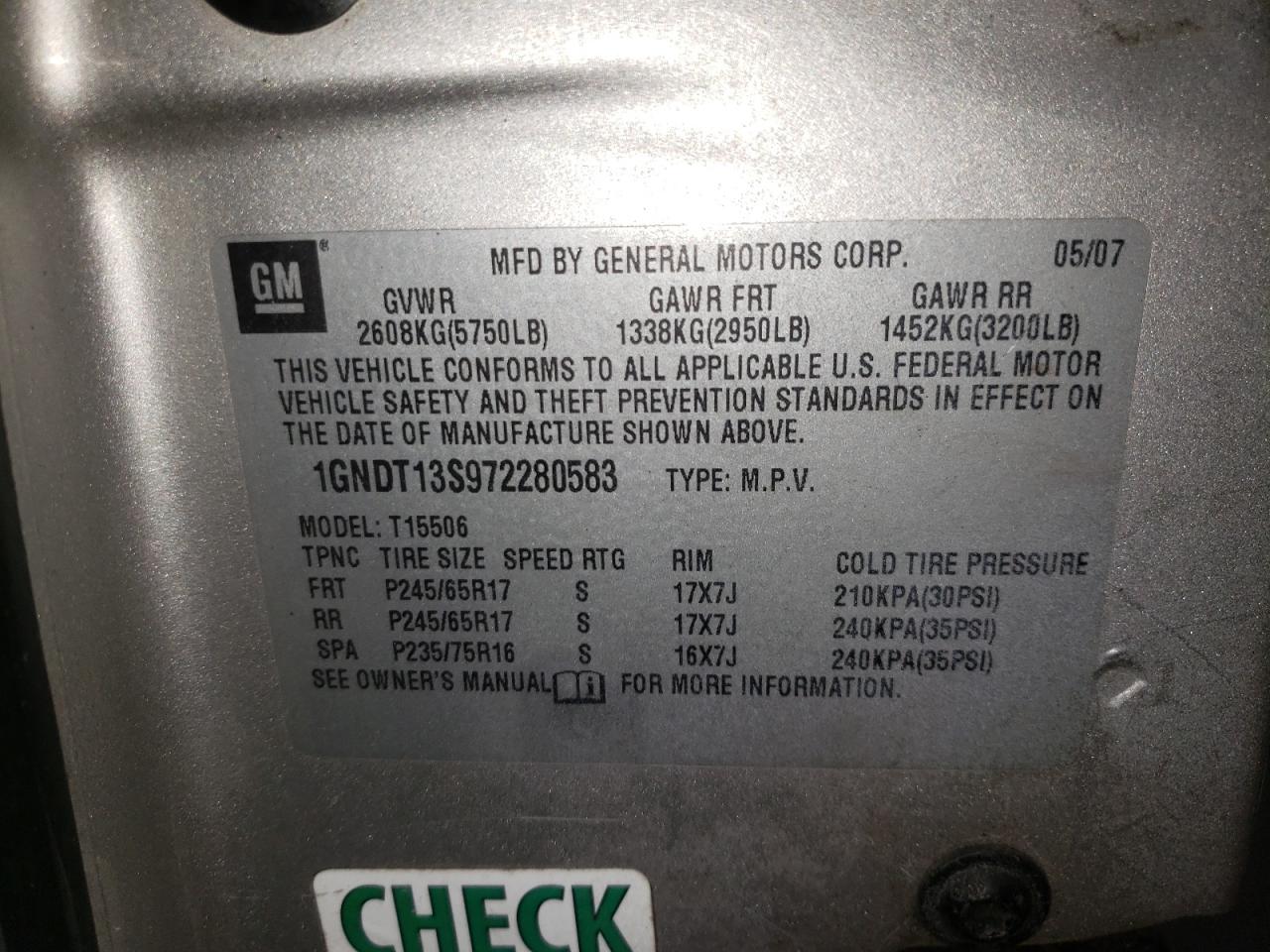 2007 Chevrolet Trailblazer Ls VIN: 1GNDT13S972280583 Lot: 57608985