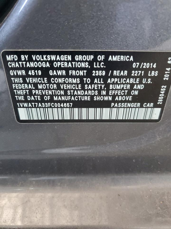 2015 Volkswagen Passat S VIN: 1VWAT7A33FC004657 Lot: 57276825