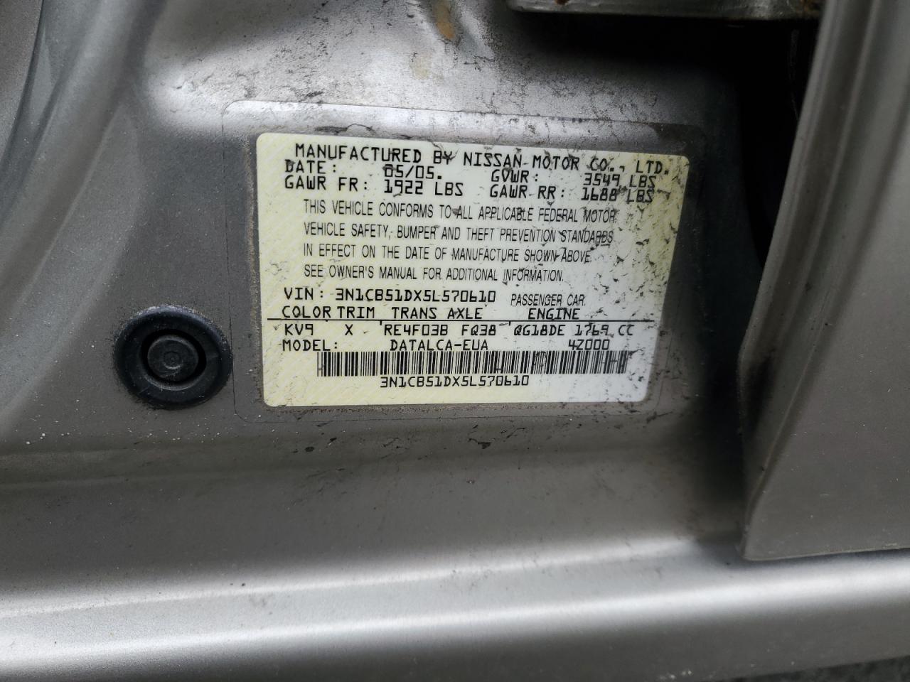 2005 Nissan Sentra 1.8 VIN: 3N1CB51DX5L570610 Lot: 57173645