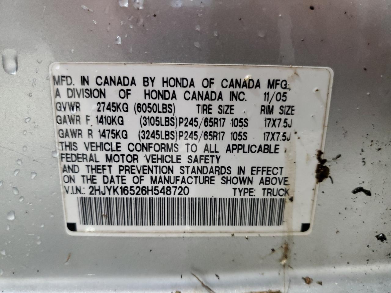 2006 Honda Ridgeline Rtl VIN: 2HJYK16526H548720 Lot: 58563875