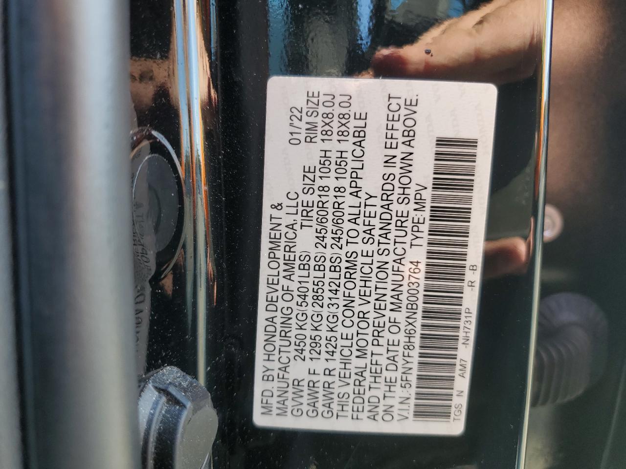 2022 Honda Passport Trail Sport VIN: 5FNYF8H6XNB003764 Lot: 56180195