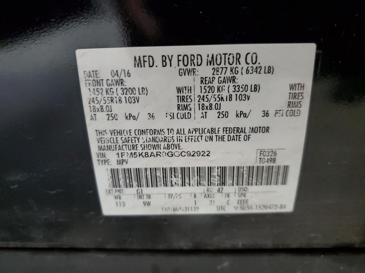 1FM5K8AR0GGC92922 FORD EXPLORER 2016