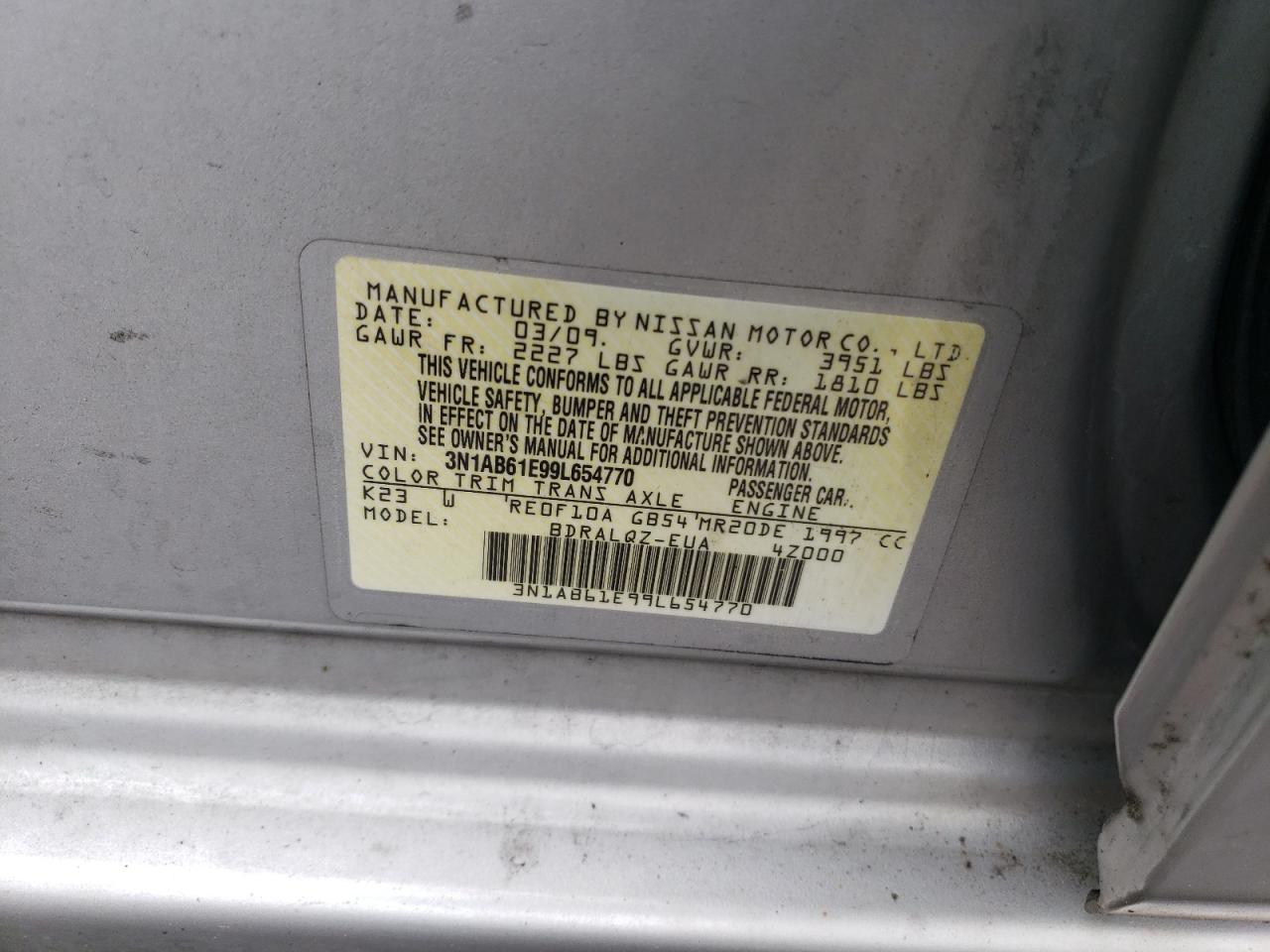 2009 Nissan Sentra 2.0 VIN: 3N1AB61E99L654770 Lot: 57156045