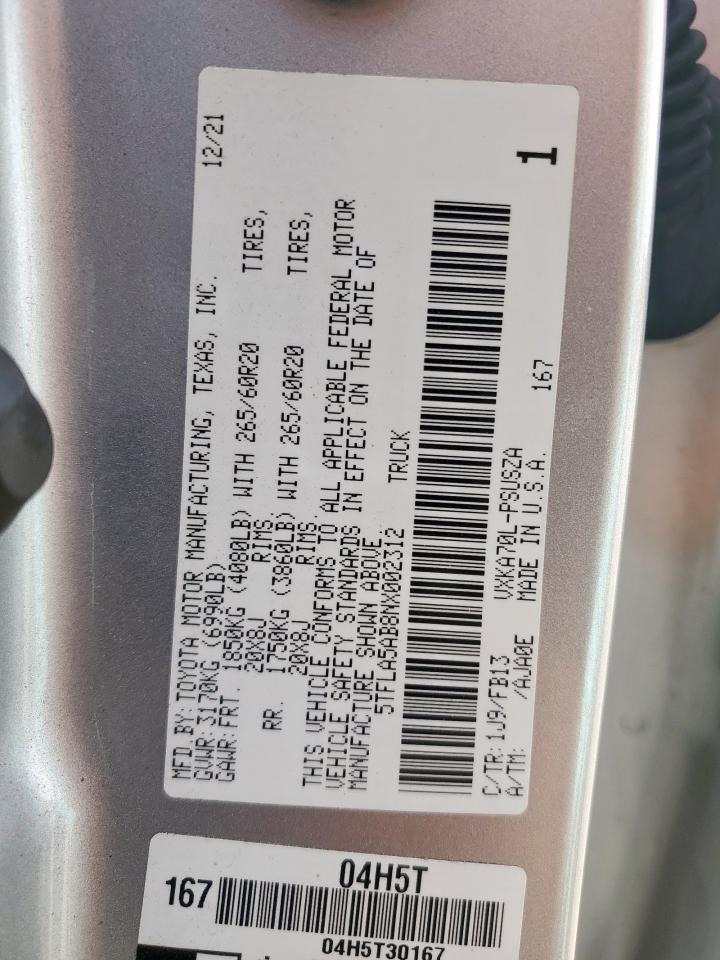2022 Toyota Tundra Crewmax Sr VIN: 5TFLA5AB8NX002312 Lot: 57152505