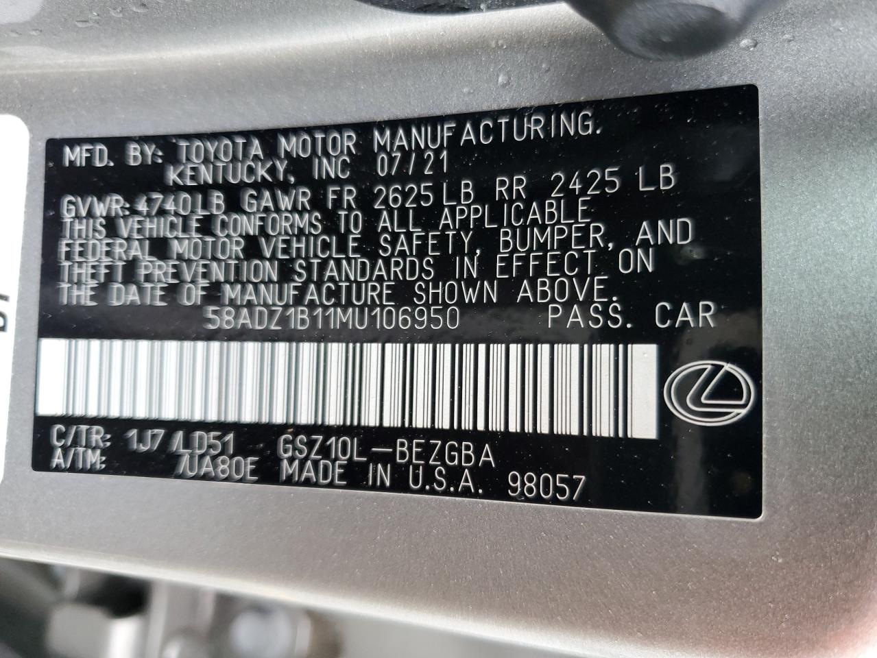 2021 Lexus Es 350 Base VIN: 58ADZ1B11MU106950 Lot: 57662315