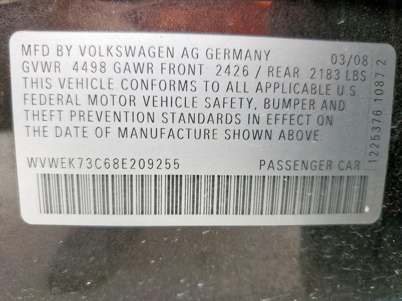 2008 Volkswagen Passat Lux VIN: WVWEK73C68E209255 Lot: 57146235