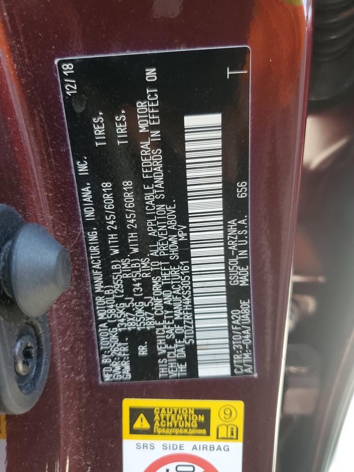 5TDZZRFH4KS305161 TOYOTA HIGHLANDER 2019