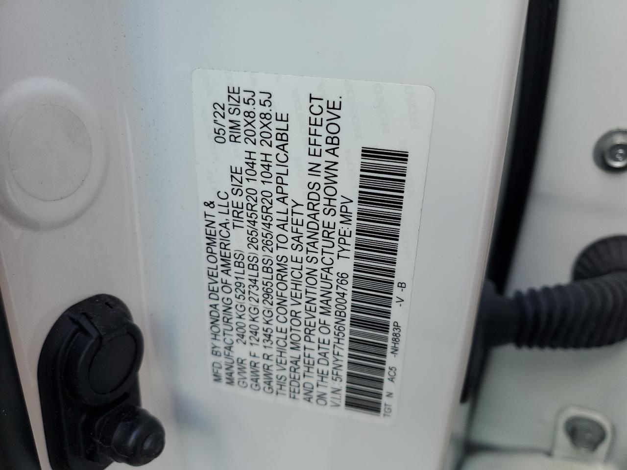 2022 Honda Passport Exl VIN: 5FNYF7H56NB004766 Lot: 56058495