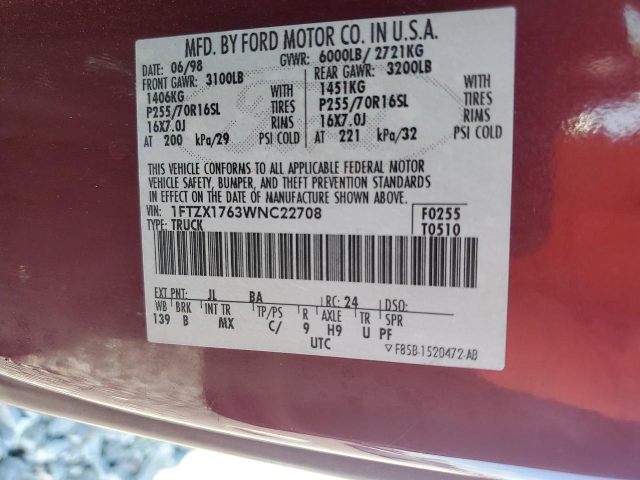 1998 Ford F150 VIN: 1FTZX1763WNC22708 Lot: 56914515
