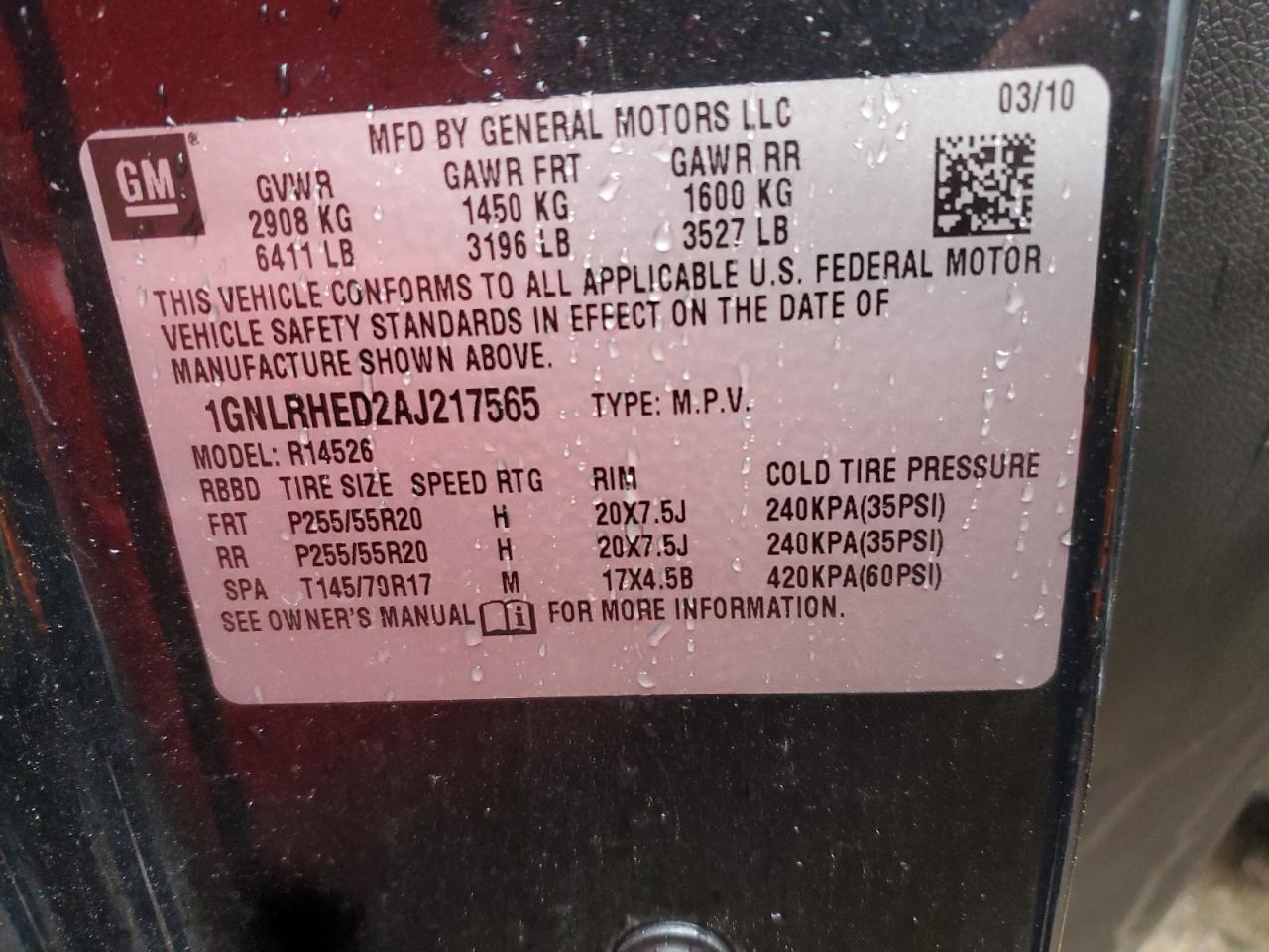 2010 Chevrolet Traverse Ltz VIN: 1GNLRHED2AJ217565 Lot: 58496625