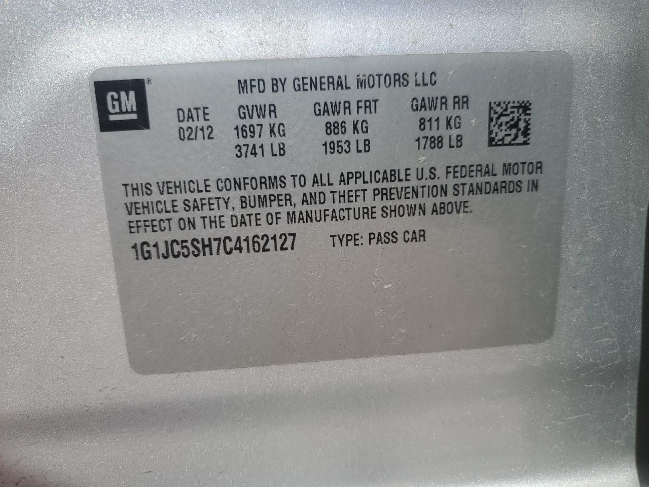 2012 Chevrolet Sonic Lt VIN: 1G1JC5SH7C4162127 Lot: 55988235