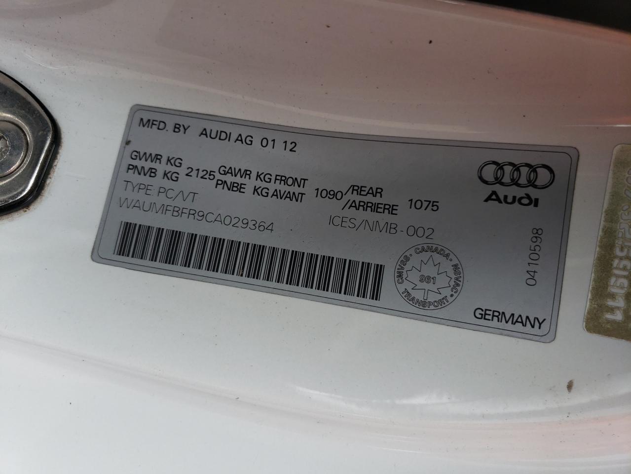 2012 Audi A5 Premium VIN: WAUMFBFR9CA029364 Lot: 56897215