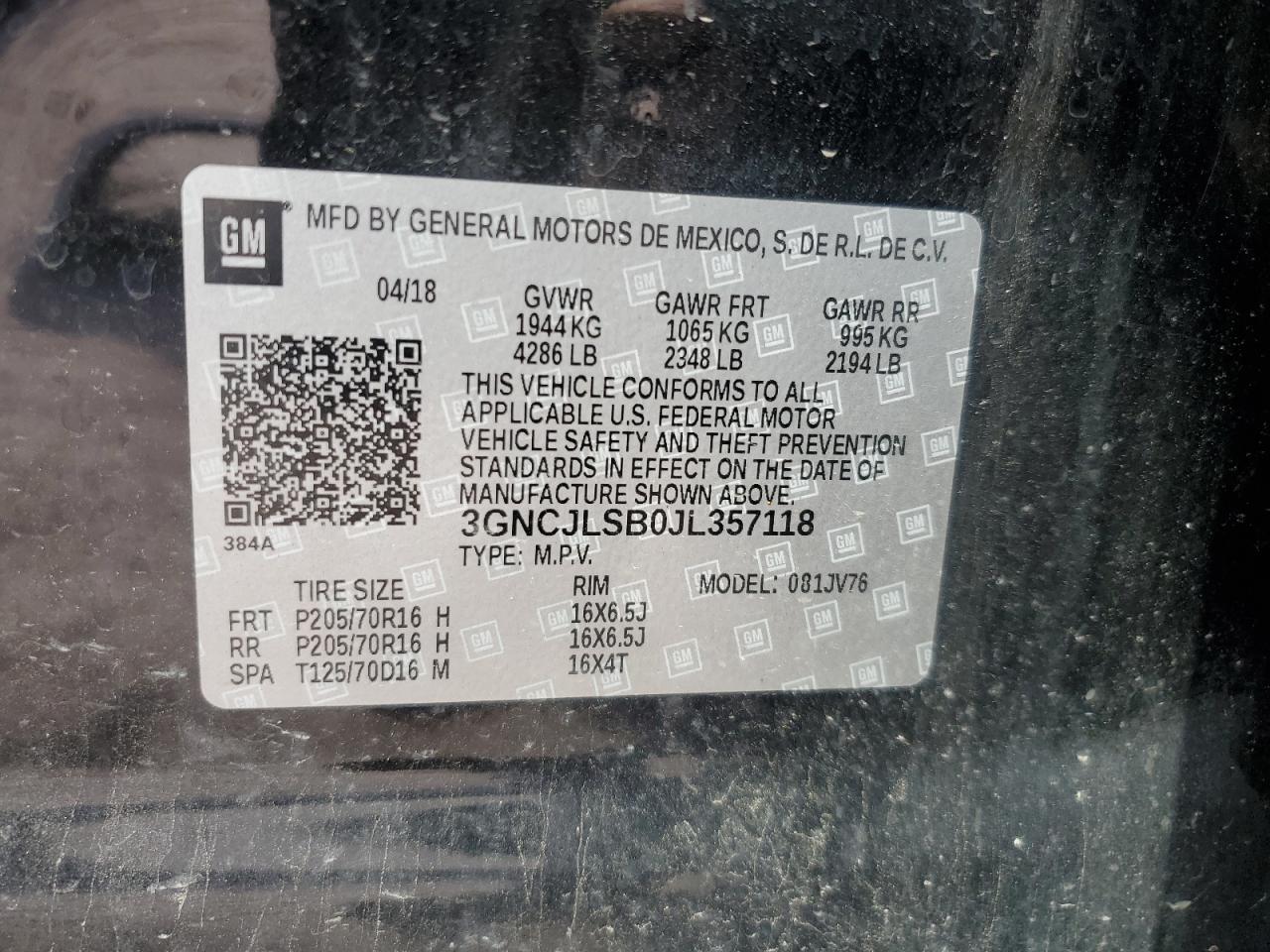 3GNCJLSB0JL357118 CHEVROLET TRAX 2018