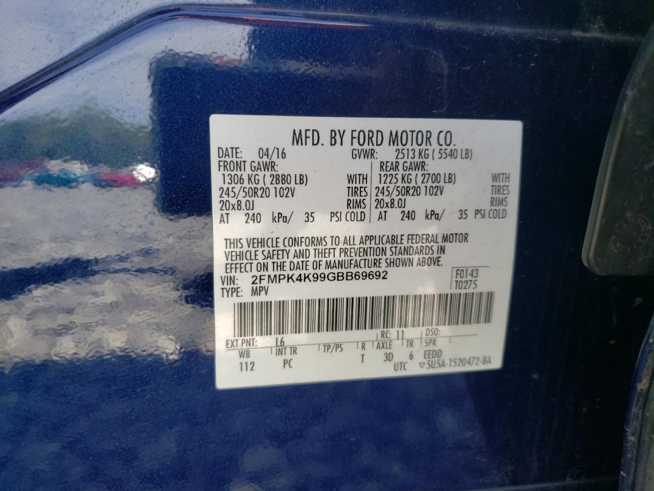 2016 Ford Edge Titanium VIN: 2FMPK4K99GBB69692 Lot: 57064415