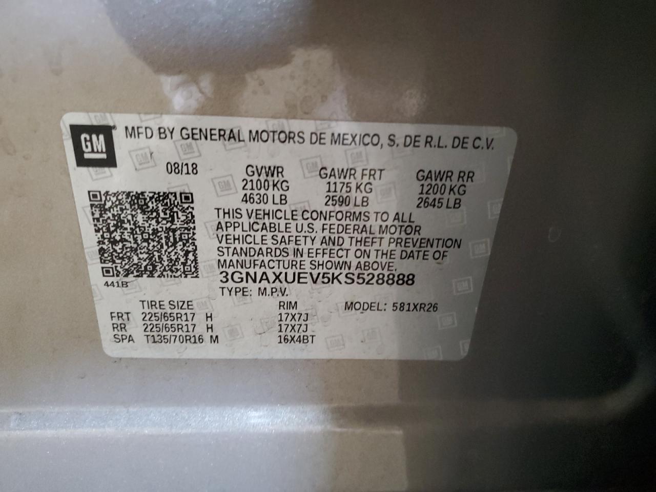 3GNAXUEV5KS528888 CHEVROLET EQUINOX 2019