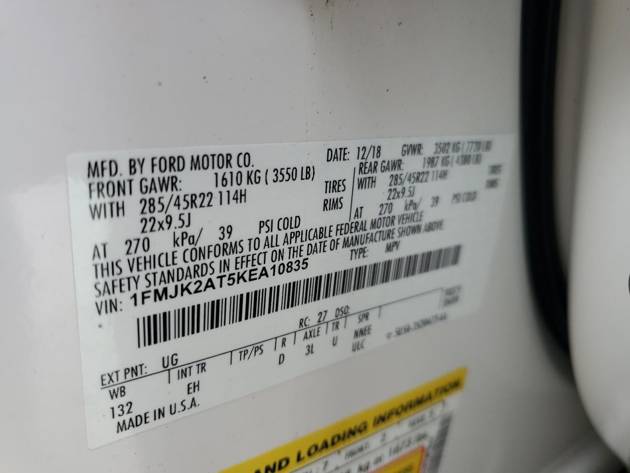 1FMJK2AT5KEA10835 FORD EXPEDITION 2019