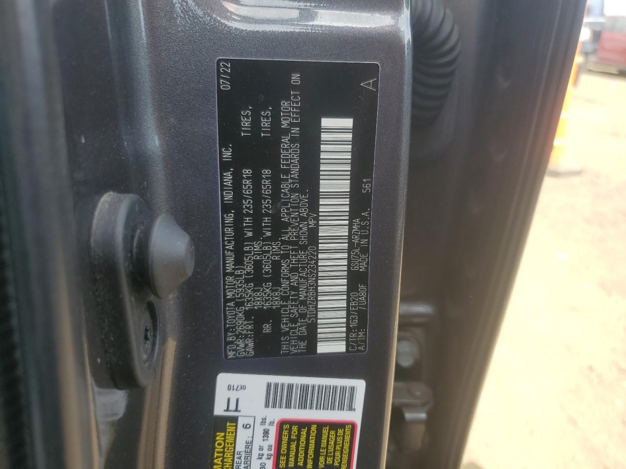 2022 Toyota Highlander Xle VIN: 5TDHZRBH3NS234220 Lot: 57099025