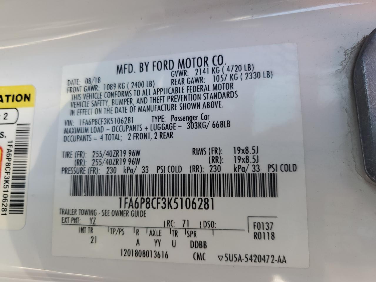 1FA6P8CF3K5106281 FORD MUSTANG 2019