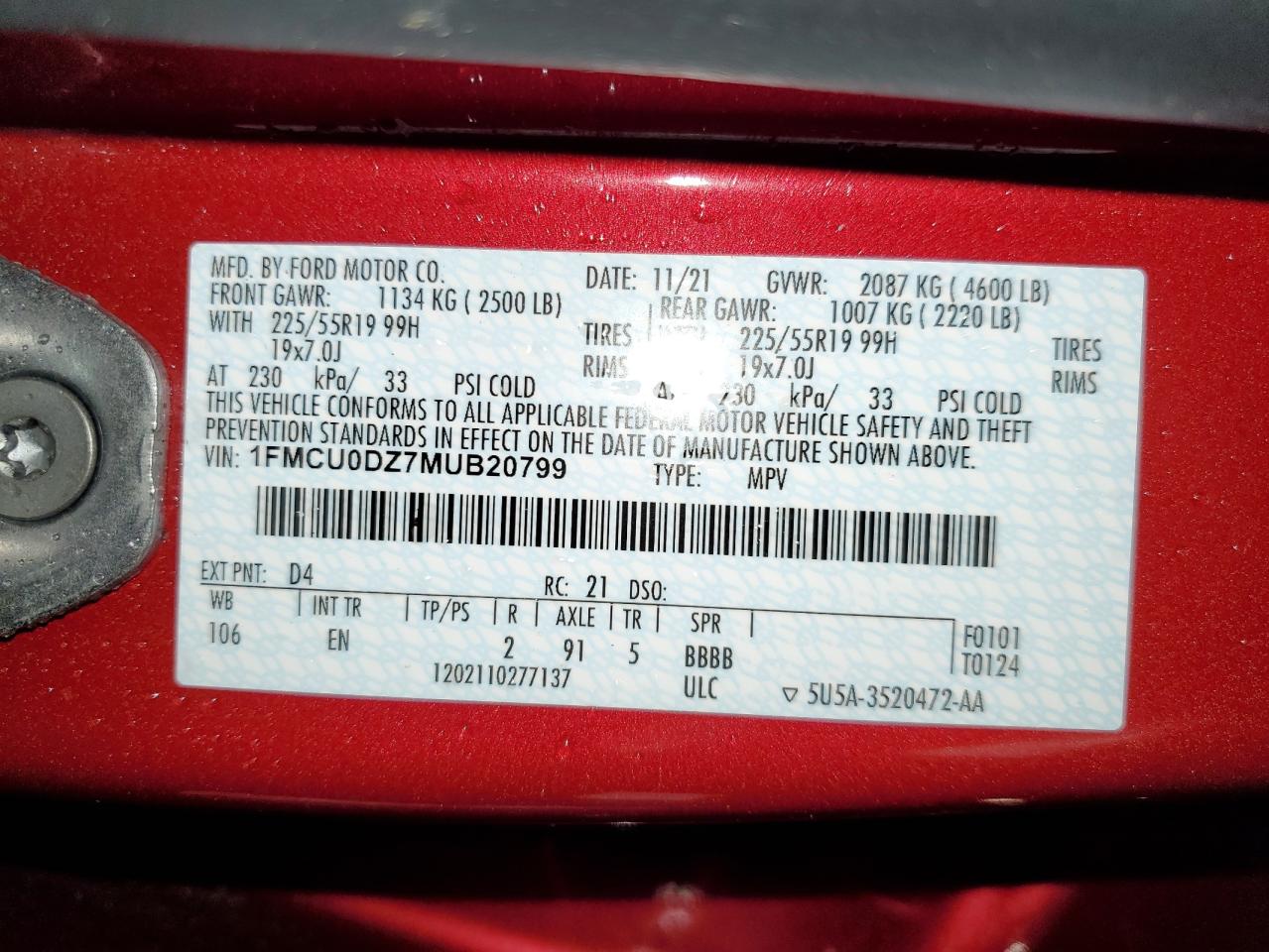 1FMCU0DZ7MUB20799 FORD ESCAPE 2021
