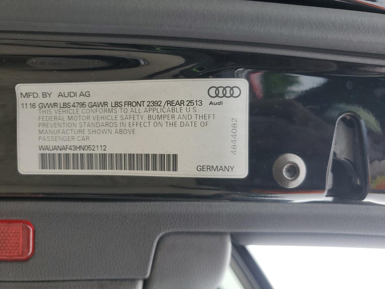 2017 Audi A4 Premium VIN: WAUANAF43HN052112 Lot: 57314155