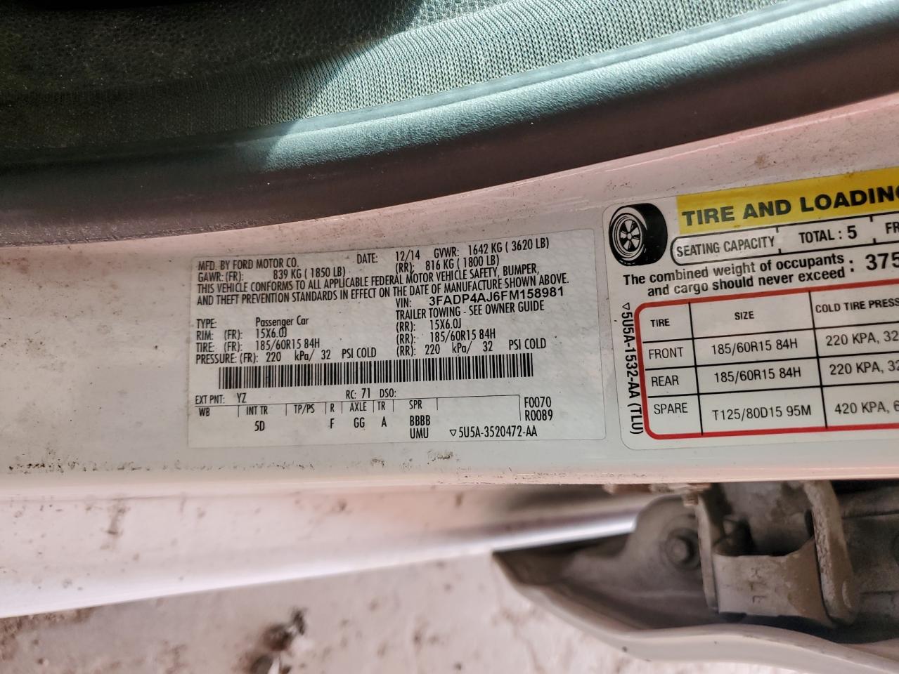 2014 Ford Fiesta S VIN: 3FADP4AJ6FM158981 Lot: 56791505