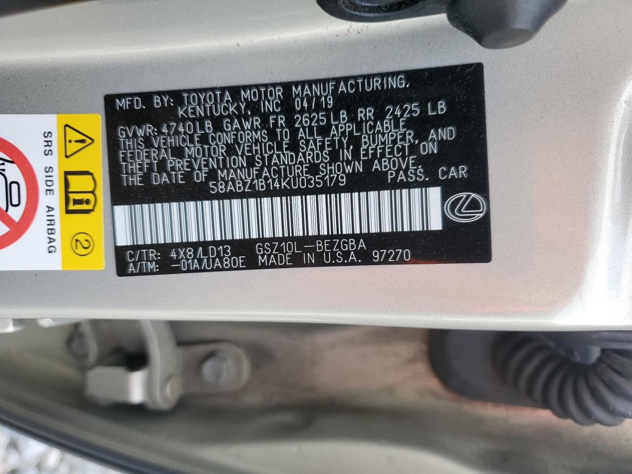 2019 Lexus Es 350 VIN: 58ABZ1B14KU035179 Lot: 58557025