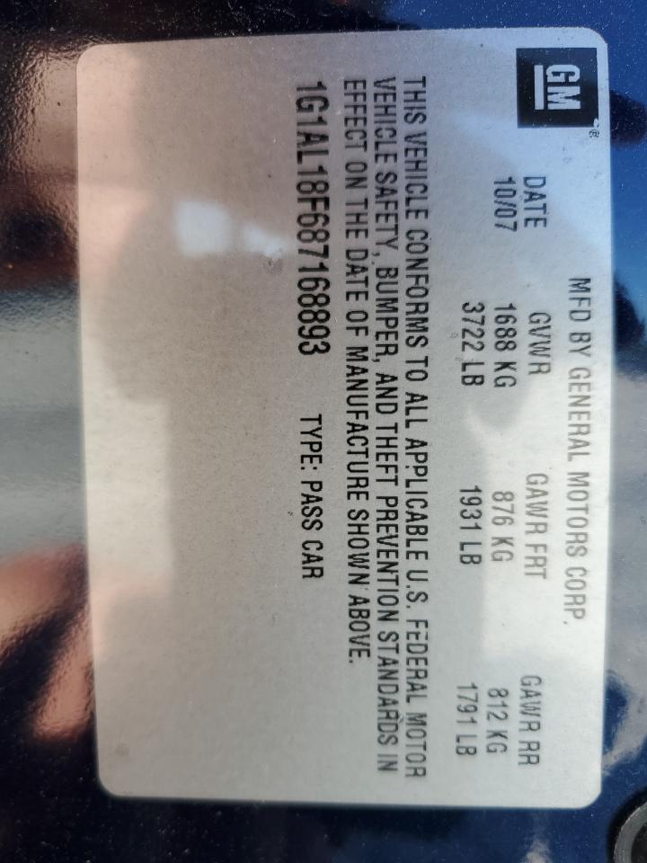 2008 Chevrolet Cobalt Lt VIN: 1G1AL18F687168893 Lot: 55569735