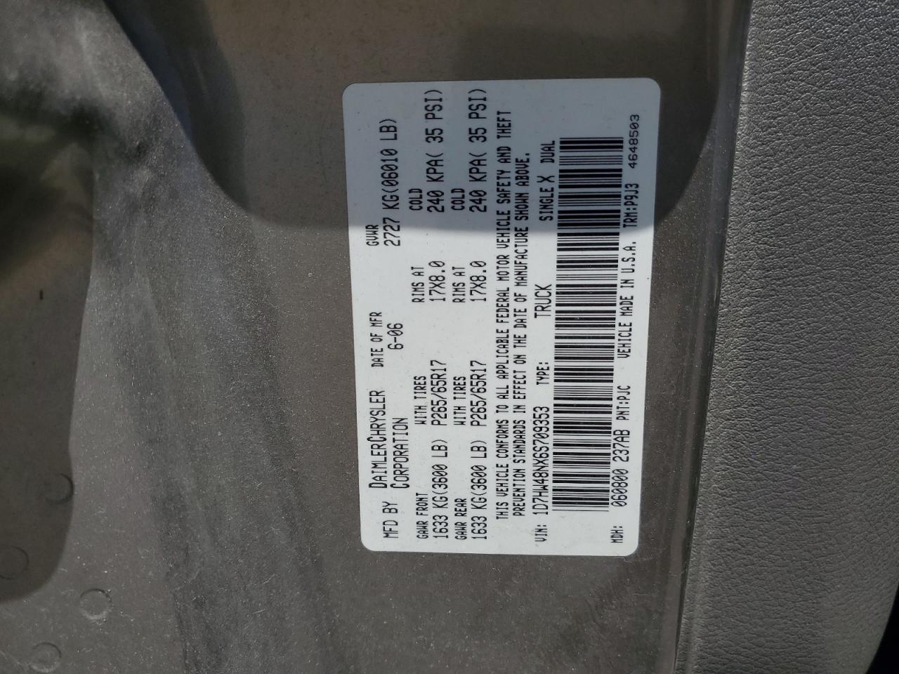 2006 Dodge Dakota Quad Slt VIN: 1D7HW48NX6S709353 Lot: 57253435