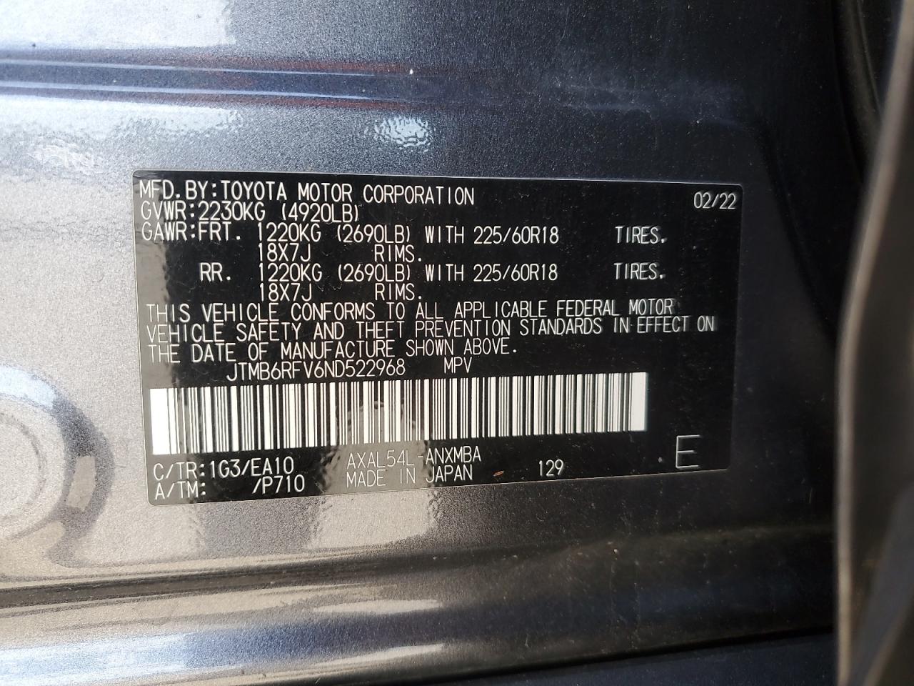 2022 Toyota Rav4 Xle Premium VIN: JTMB6RFV6ND522968 Lot: 55462695
