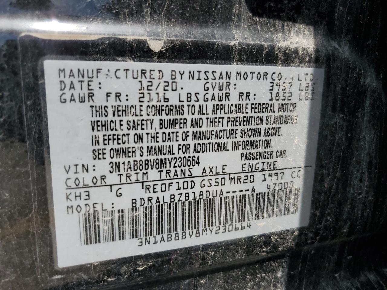 2021 Nissan Sentra S VIN: 3N1AB8BV8MY230664 Lot: 57080355