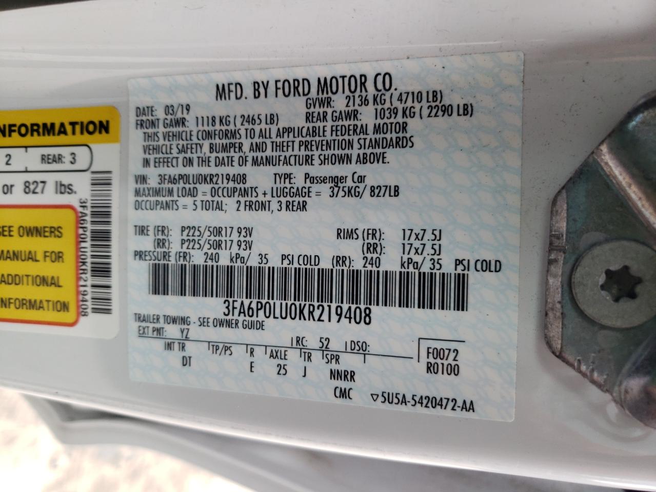 2019 Ford Fusion Se VIN: 3FA6P0LU0KR219408 Lot: 58970955