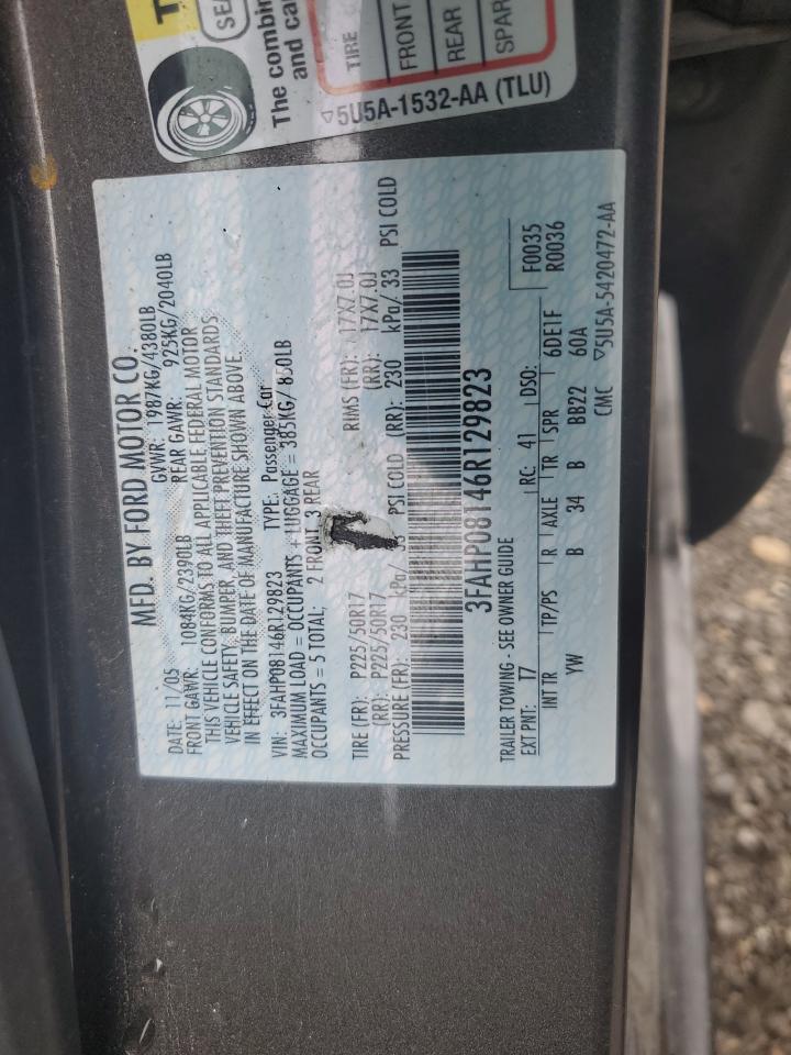 2006 Ford Fusion Sel VIN: 3FAHP08146R129823 Lot: 56918115
