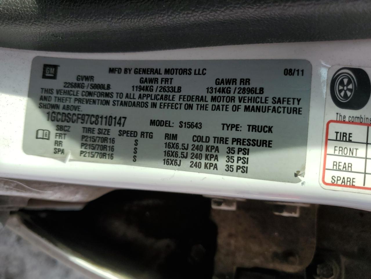 2012 Chevrolet Colorado Lt VIN: 1GCDSCF97C8110147 Lot: 56581005
