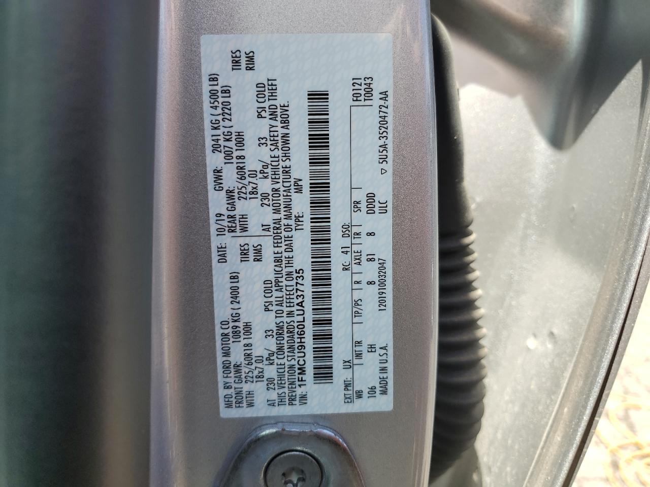 2020 Ford Escape Sel VIN: 1FMCU9H60LUA37735 Lot: 54327045